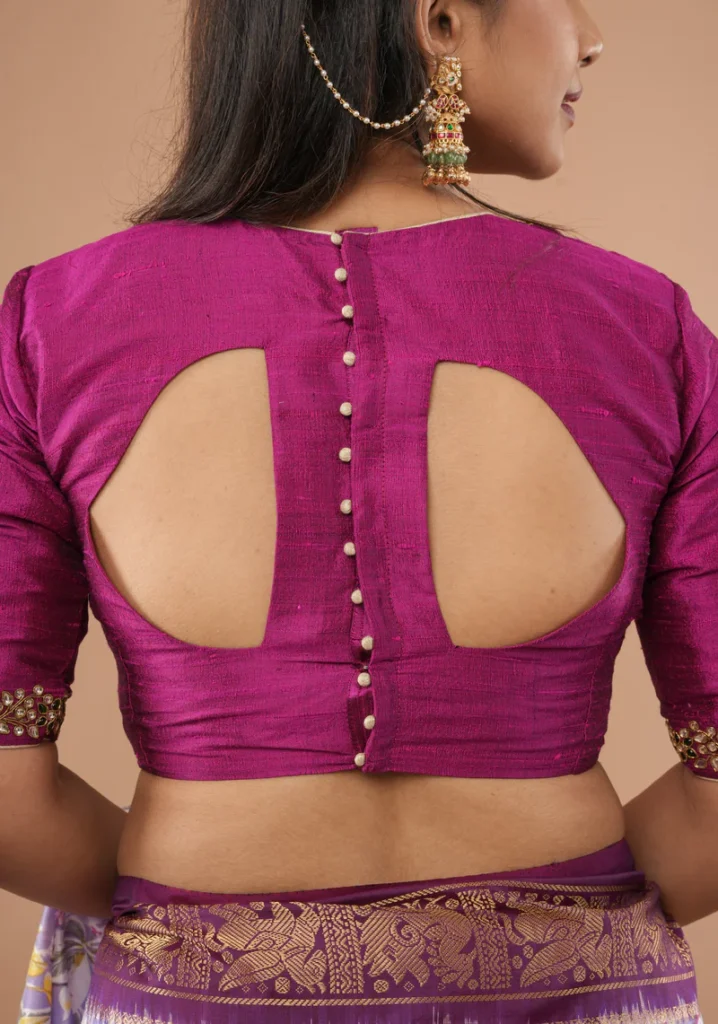 Fuchsia Pure Raw Silk Blouse with Kundan Necklace and Bajuband Handwork
