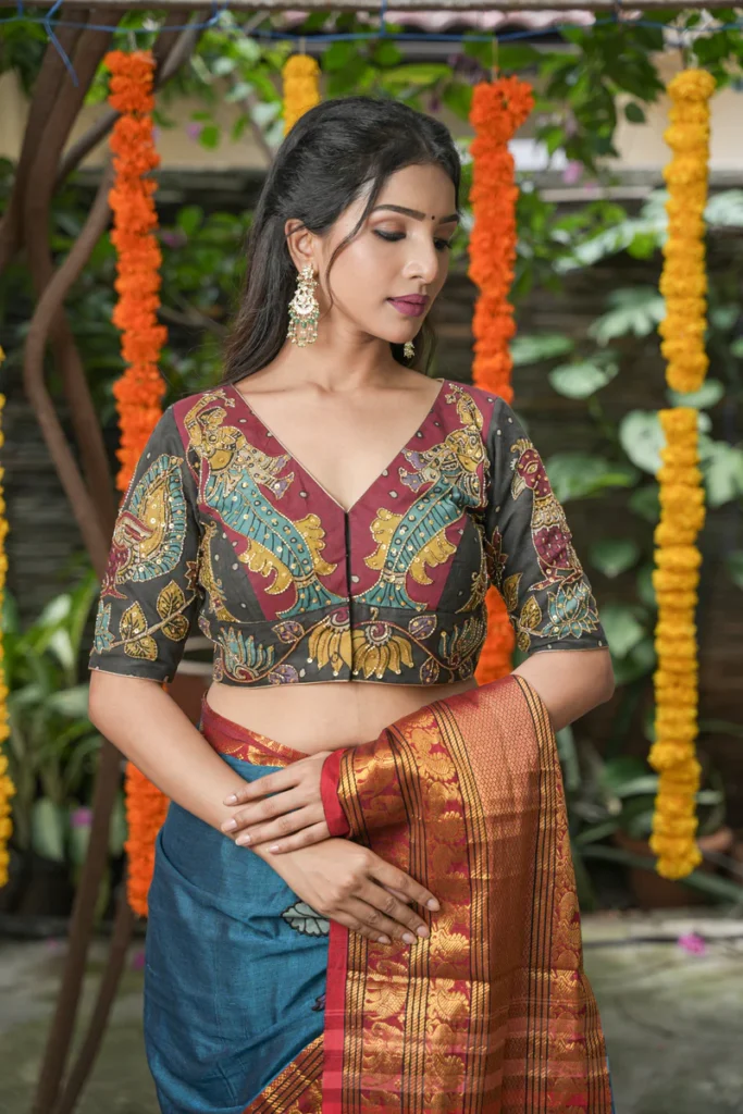 Maroon and Black Kalamkari Embroidery Blouse with Cutdana
