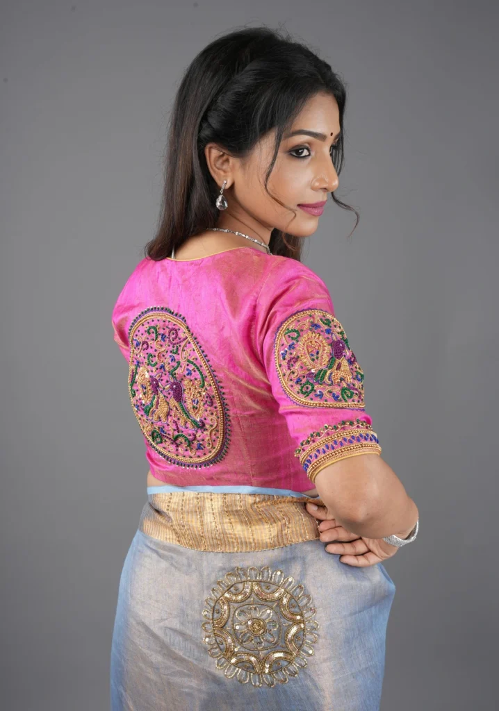 Pink Pure Tissue Raw Silk Blouse With Hand Embroidered Peacock Mandalas
