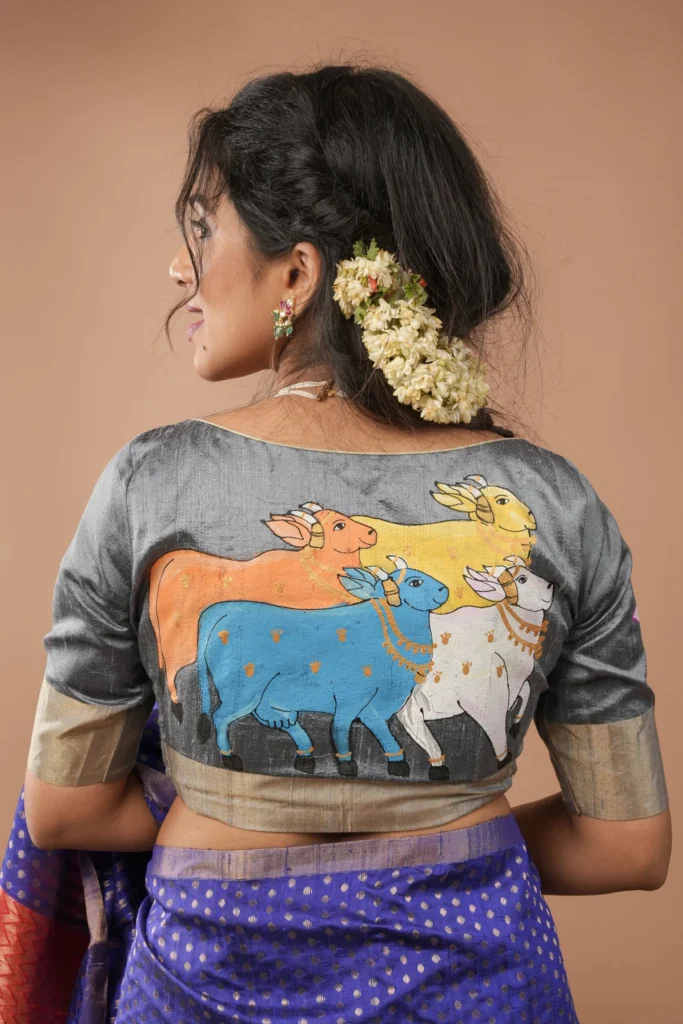 Pure Raw Silk Blouse in Gray with Pichwai Cow Handpainting and Zari Borders
