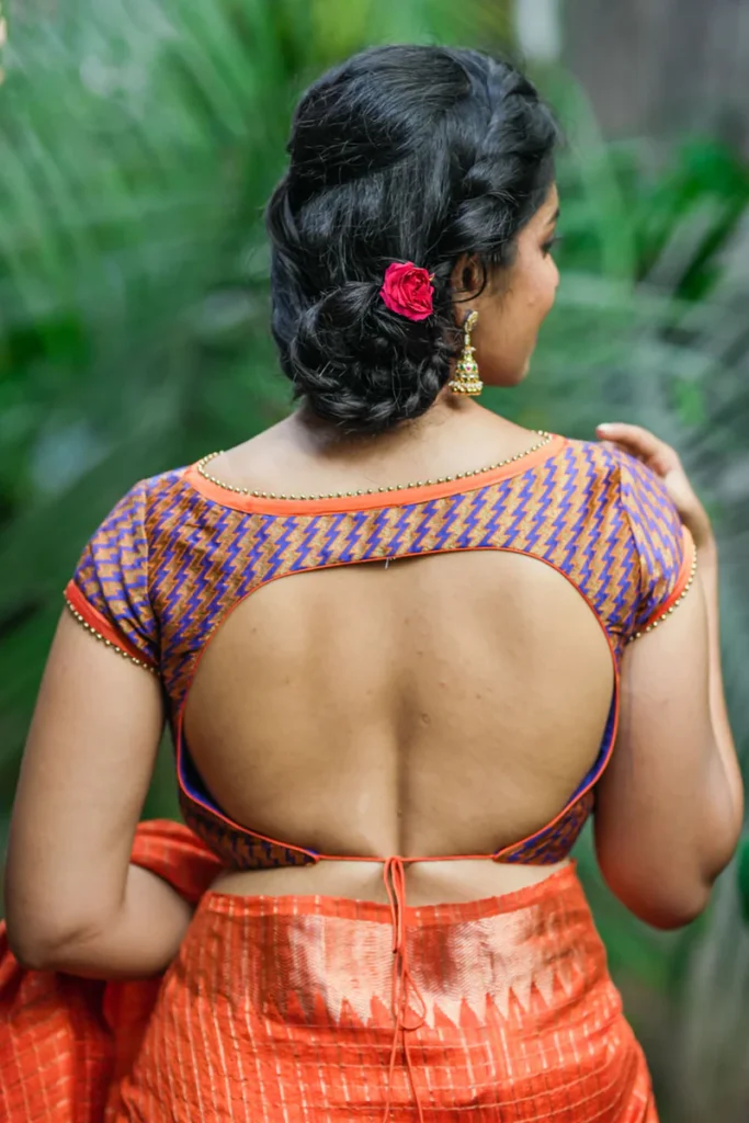 Purple and Orange Jacquard Boat Neck Blouse with Back