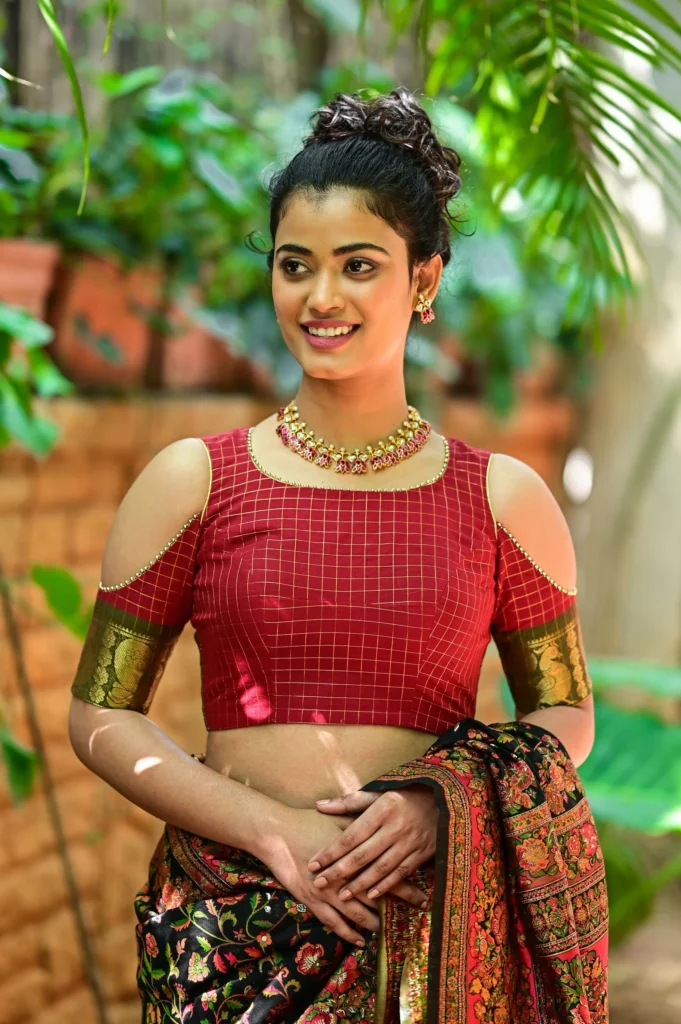 Red Checked Chettinadu Cotton Closed U Neck with Cold Shoulder Sleeves
