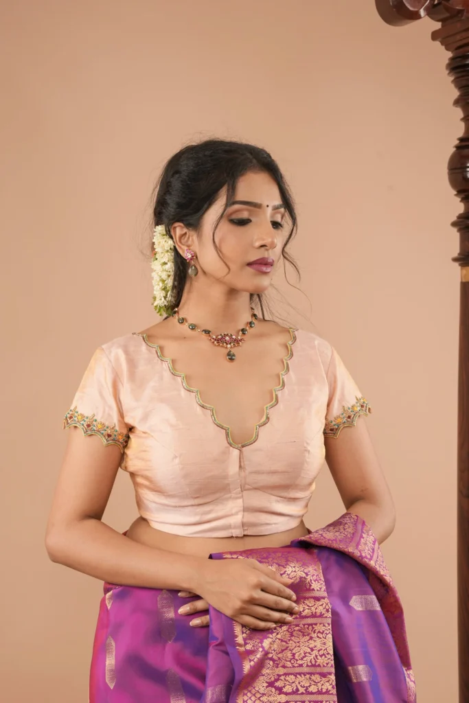 Sandalwood Pure Tissue Raw Silk Blouse with Scalloped Hand Embroidery
