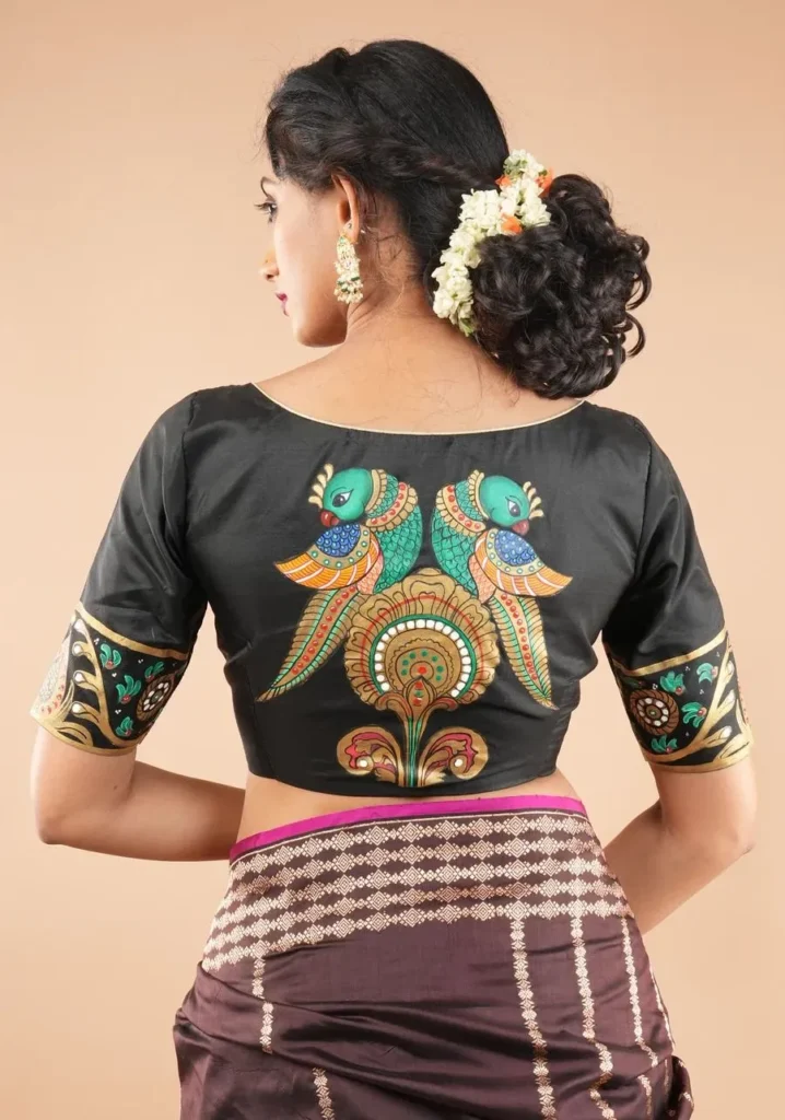 Tanjore Parrots - Pure Silk Blouse with Hand-Painted Art