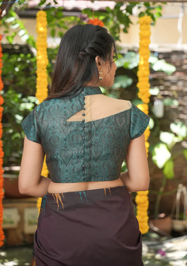 Teal Banarasi Brocade Blouse with One Shoulder Cutout with Net