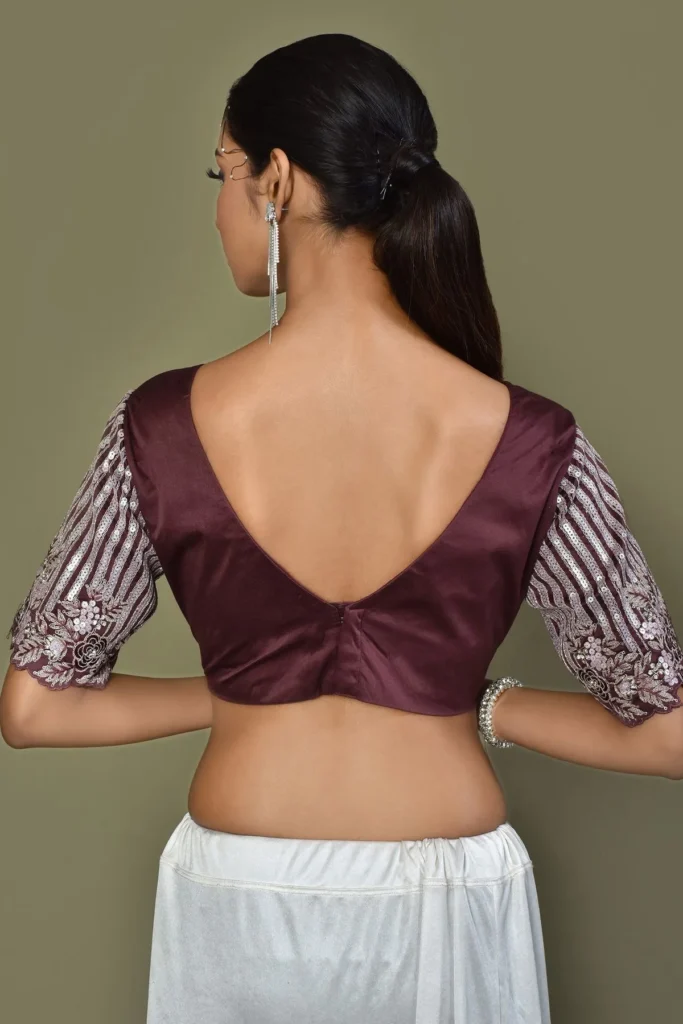 Wine Pre-Draped Saree with Designer Boat Neck Blouse
