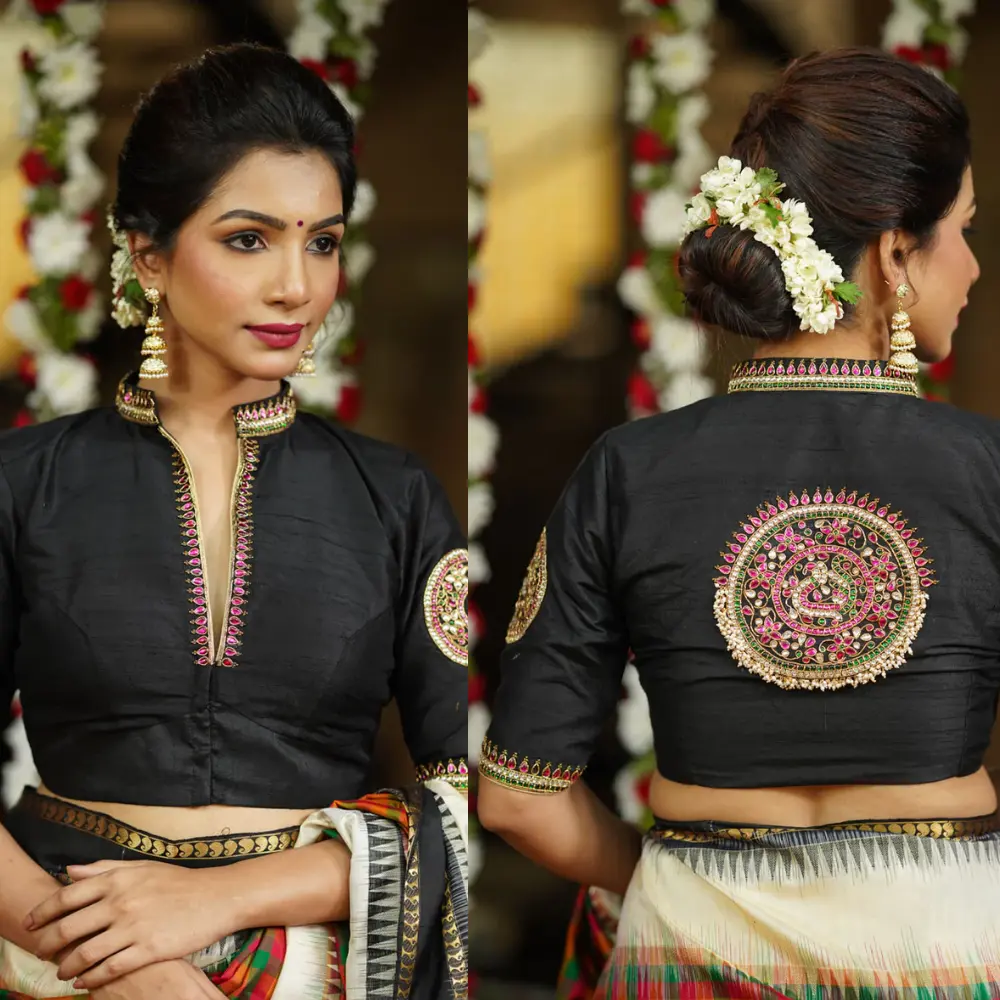 Black raw silk chinese collar blouse with jadau mandala design
