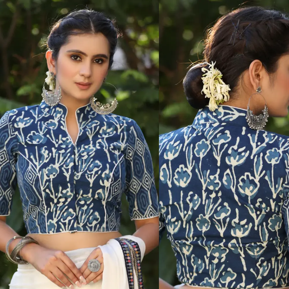 Elegant Floral Combination Indigo Collar Blouse
