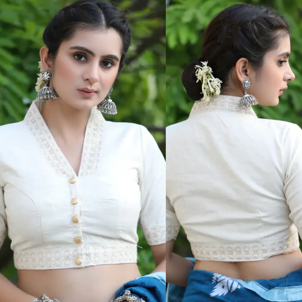 Cotton Collared Blouse Highlighted with Lace Detailing and Golden Buttons