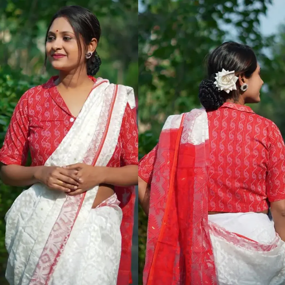 Red Check Khadi With Red White Weaving Collar Button Blouse