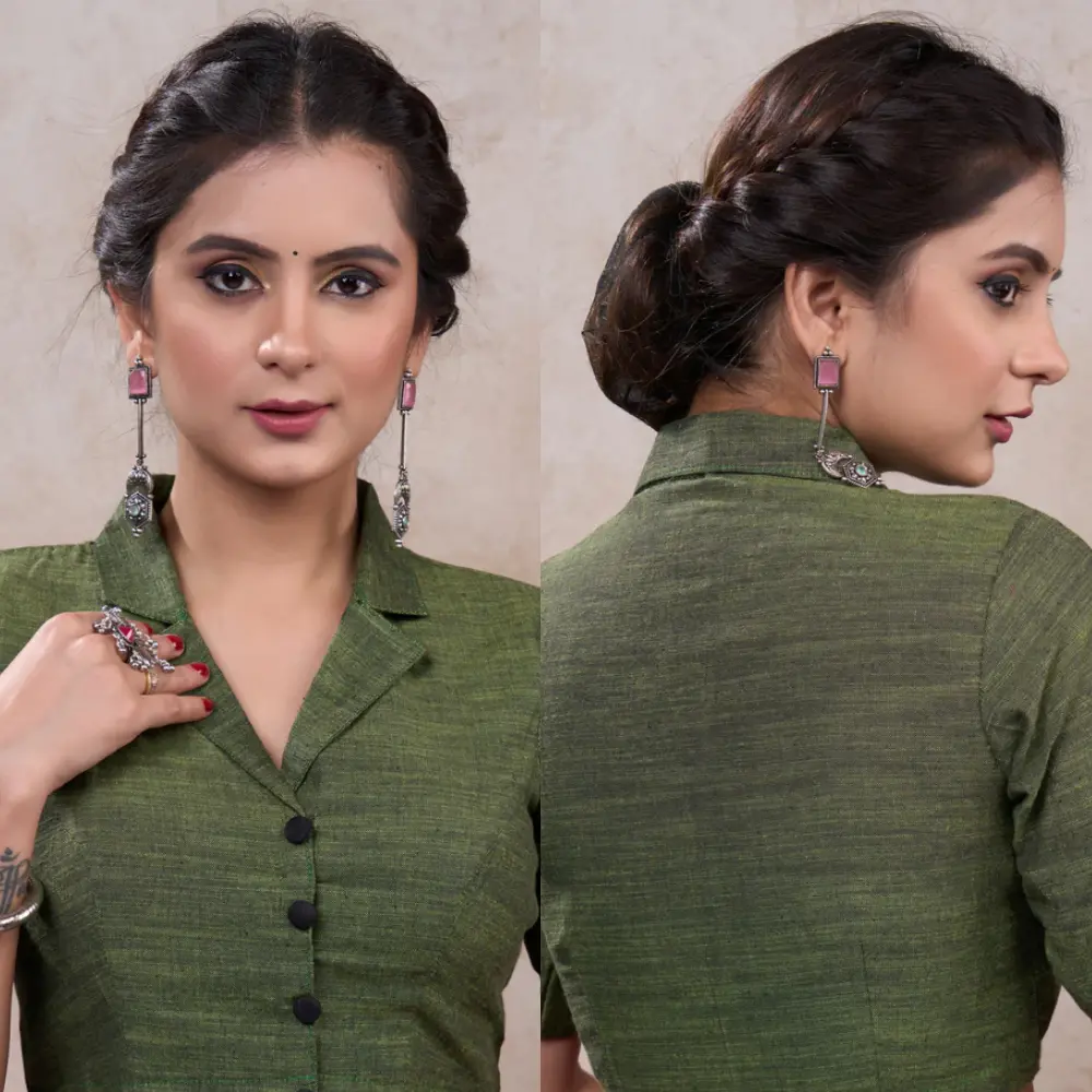  Moss Green Cotton Collared Blouse