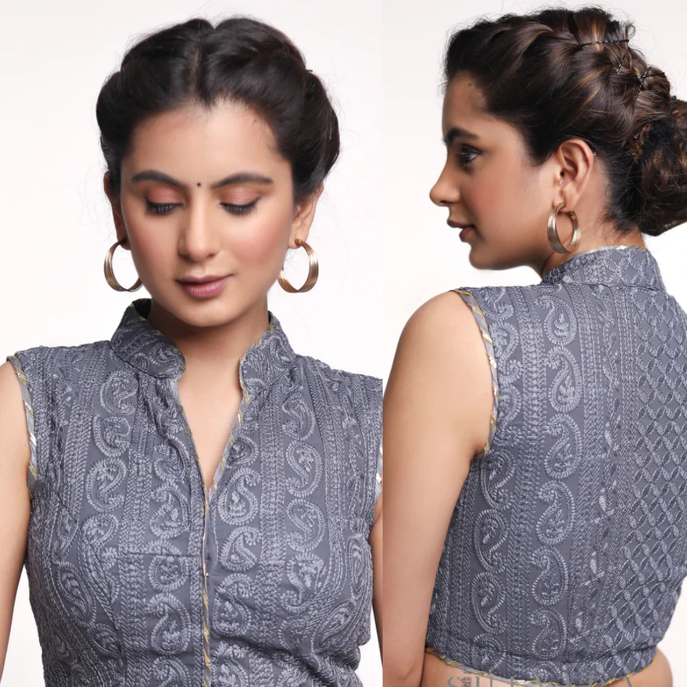 Sleeveless Grey Mandarin Collar Embroidered Georgette Blouse