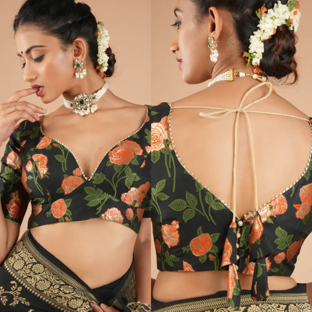 Black Banarasi Neck Blouse with Gotta