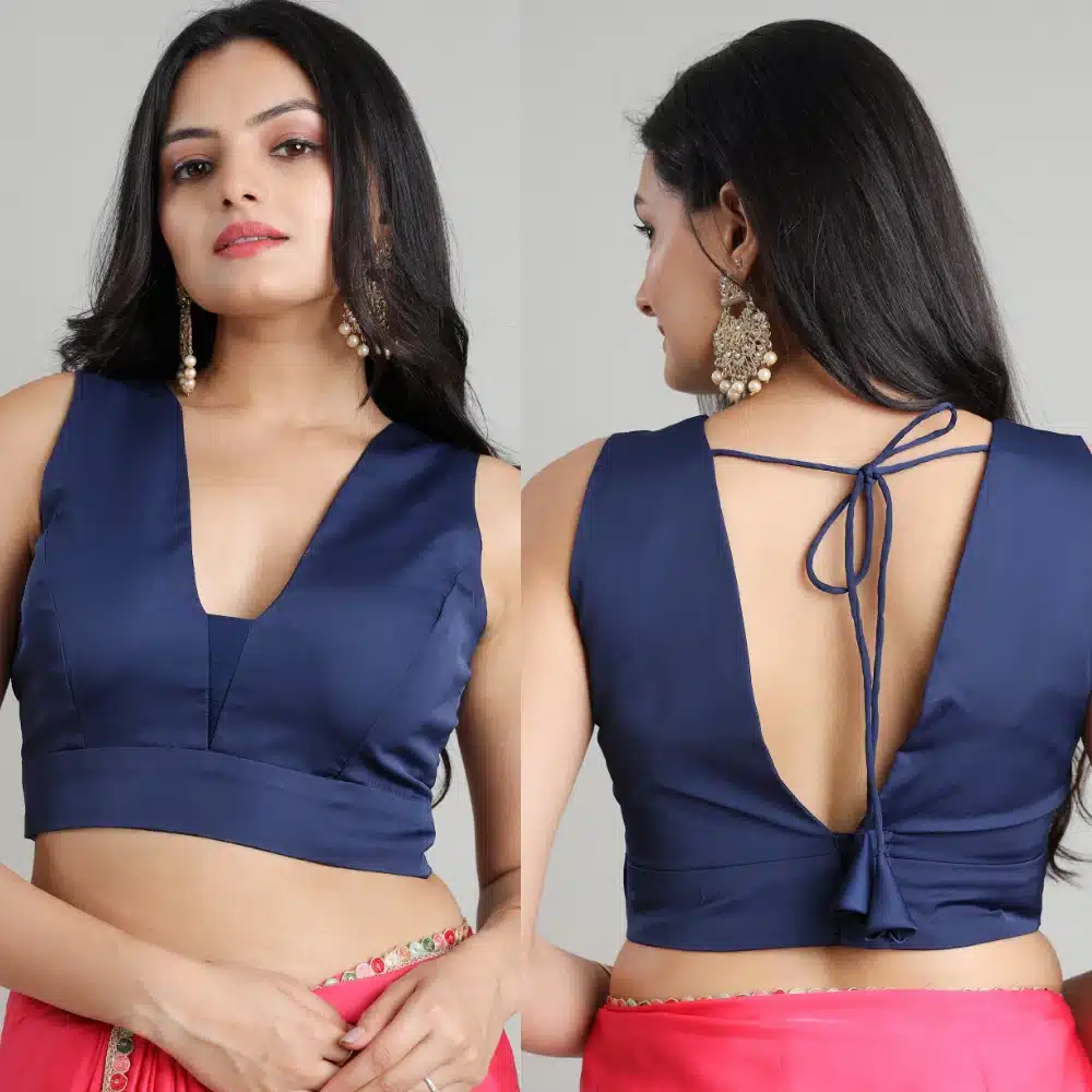 Sleek Navy Blue Satin V Neck Sleeveless Blouse