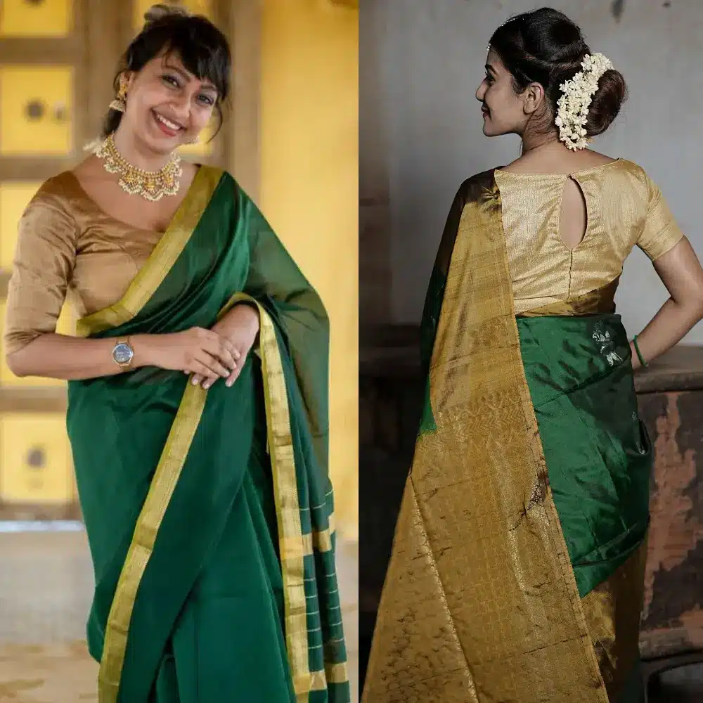 Golden Blouse with green saree.