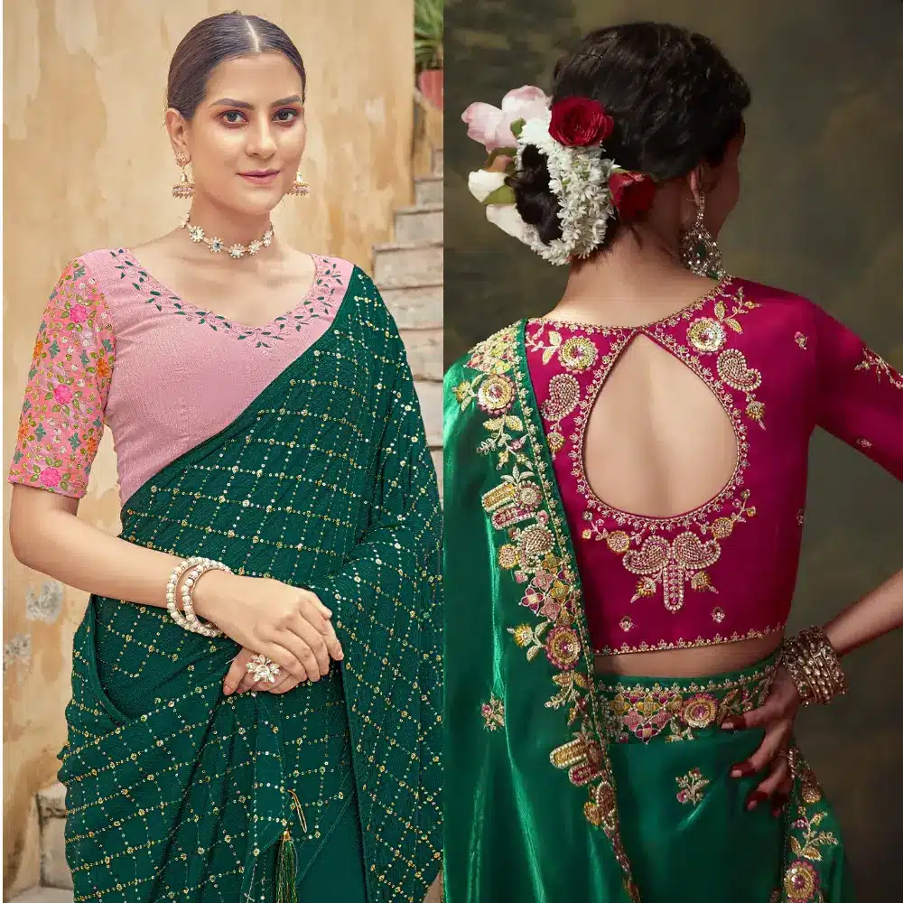 Pink Blouse (coral to deep rose) in green saree.