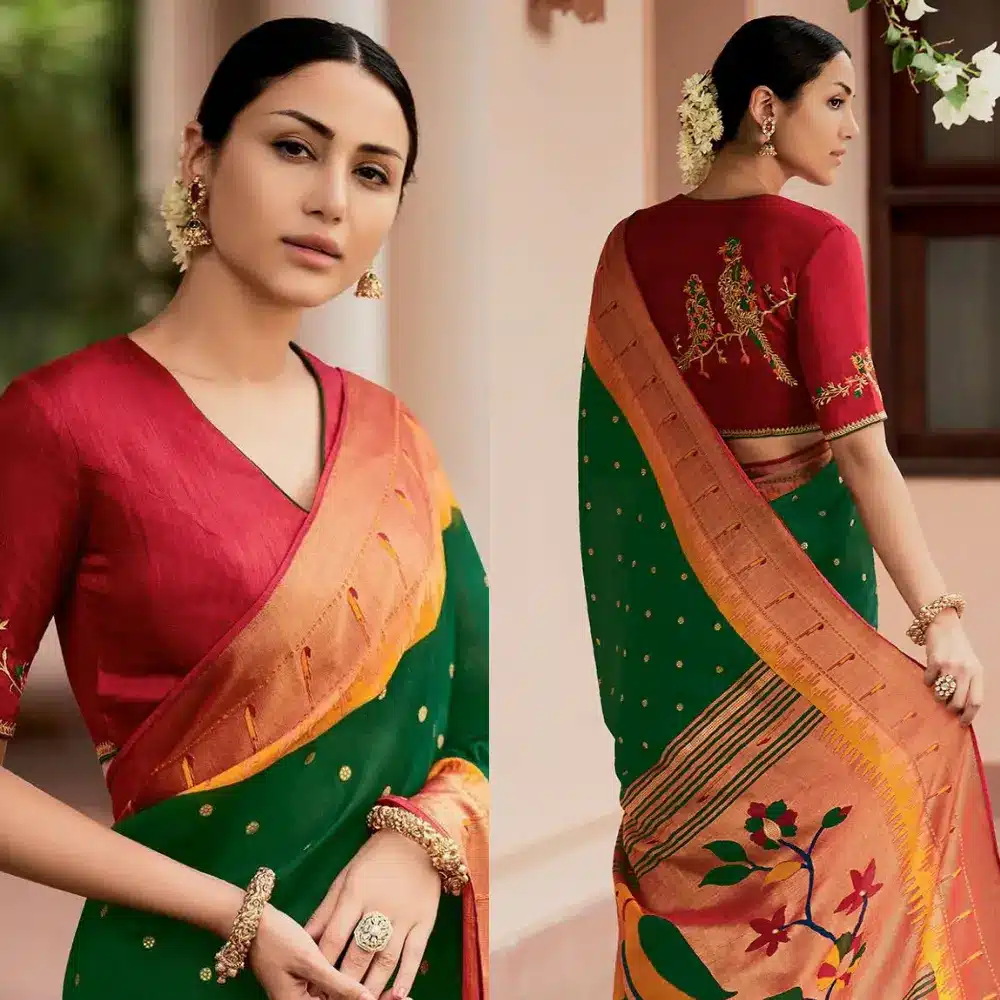 Maroon Blouse with green saree.