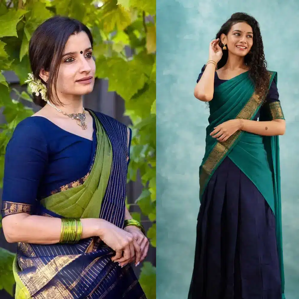 Navy Blue Blouse in green saree.