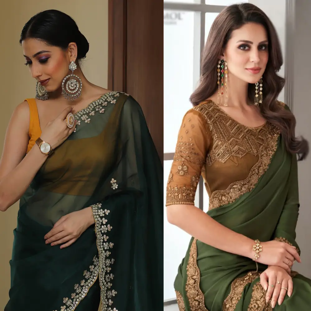 Beige Blouse in green saree.