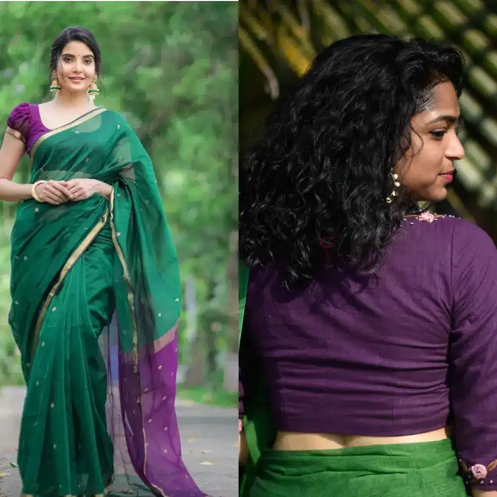 Plum Blouse in green saree.