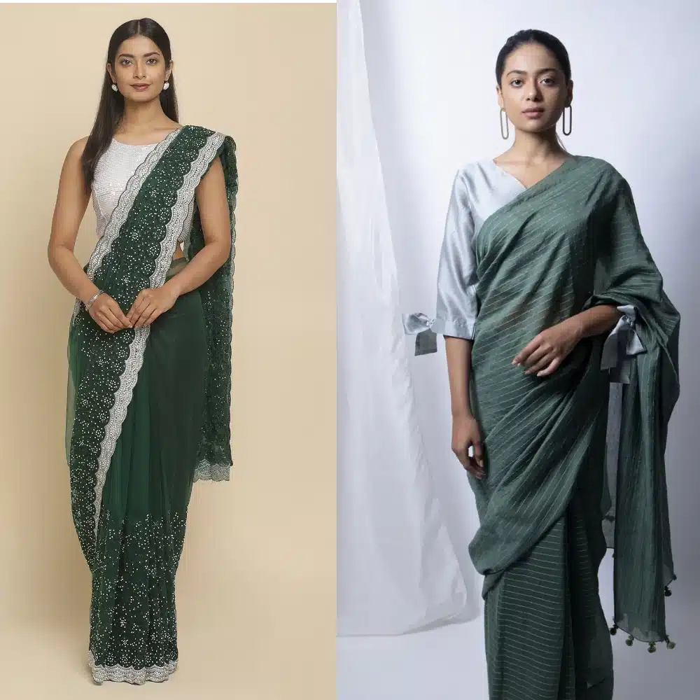 Silver Blouse in green sarees.