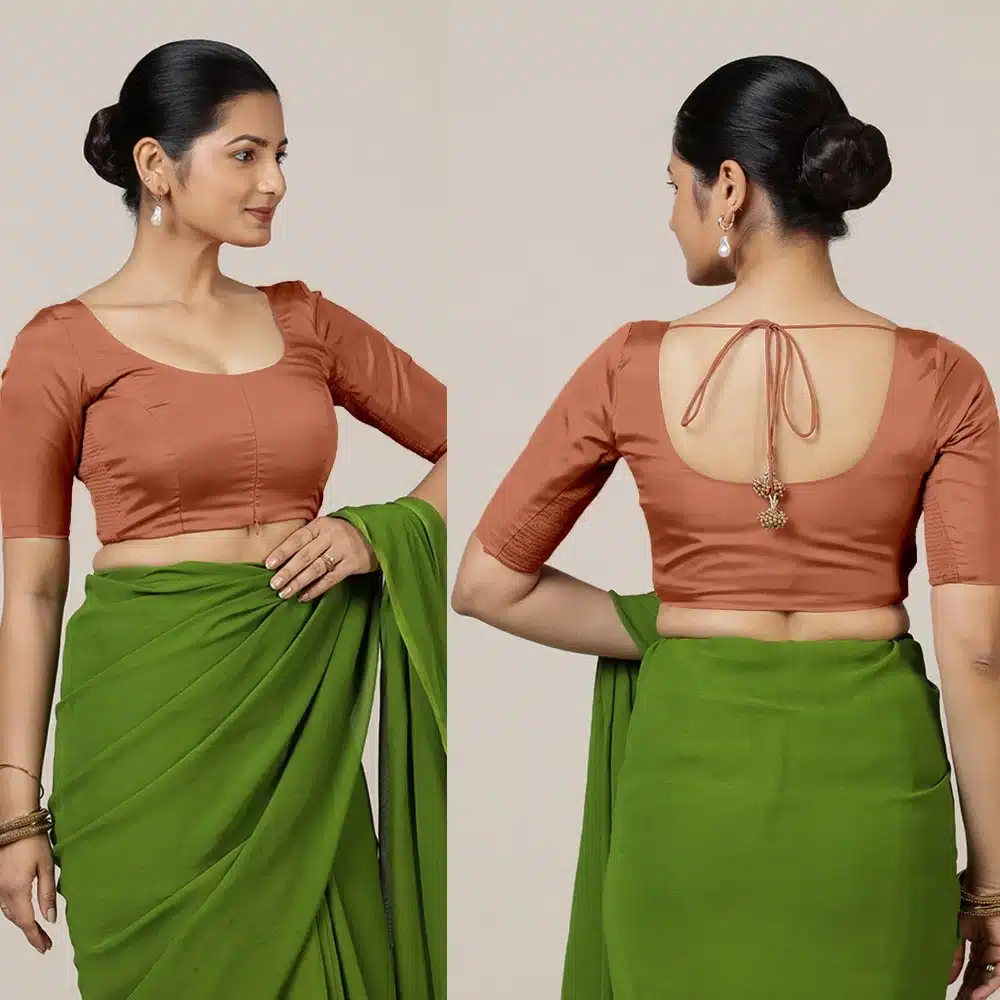 Copper Blouse with green sarees.
