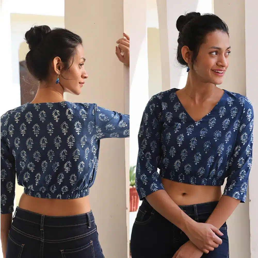 Mirror-Adorned Indigo Block Print Top Back Blouse