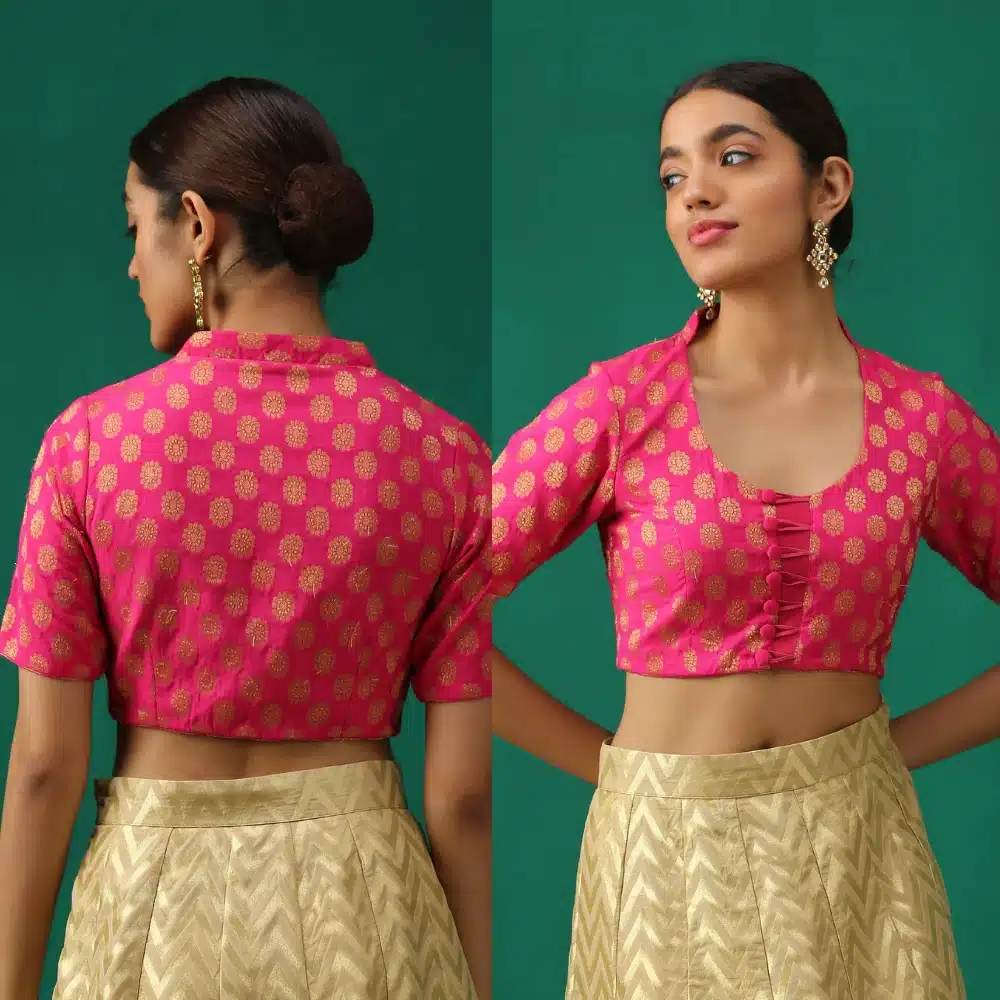 Elastic-Panel Pink Brocade Back Blouse