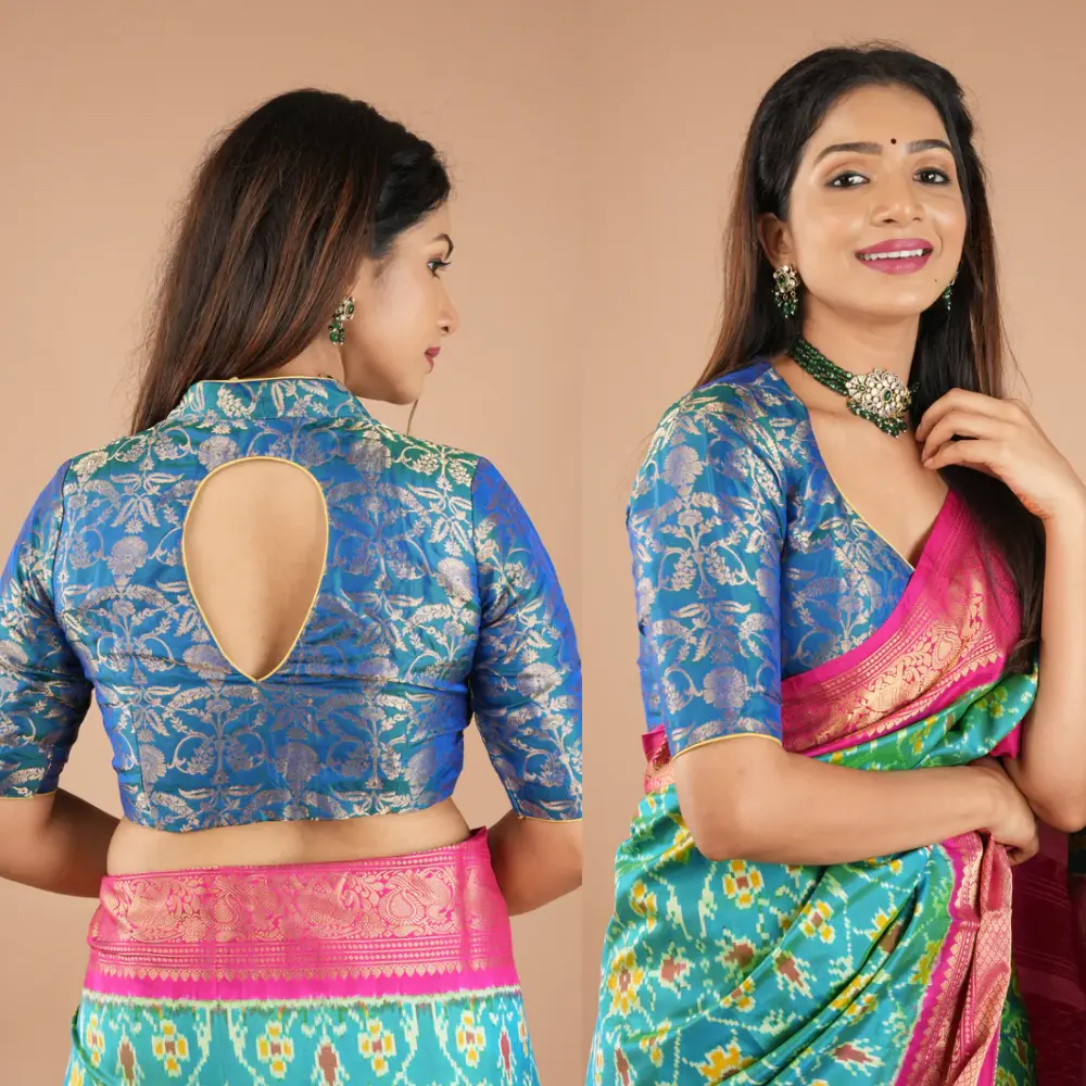 Peacock-Inspired Banarasi Silk Wedding Blouse back design. Dridal blouse.