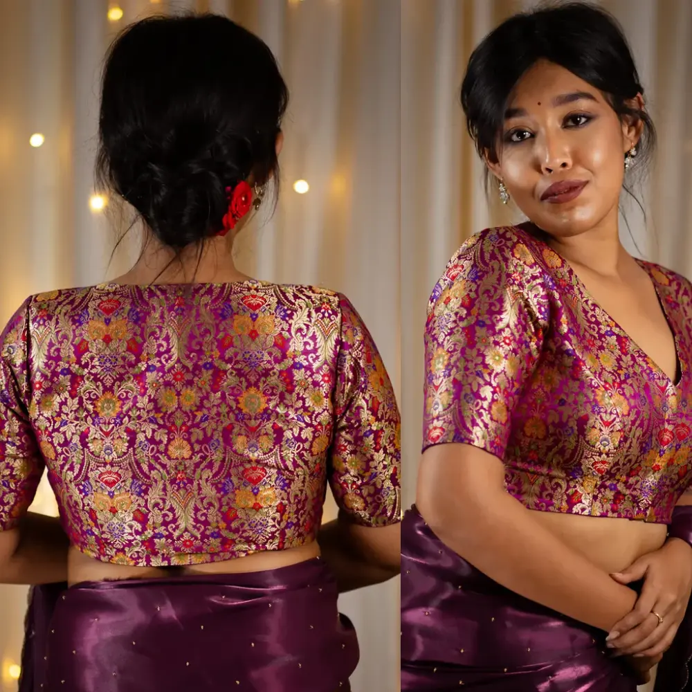 Purple Banarasi Silk Wedding Blouse Back Design with V-Neck
