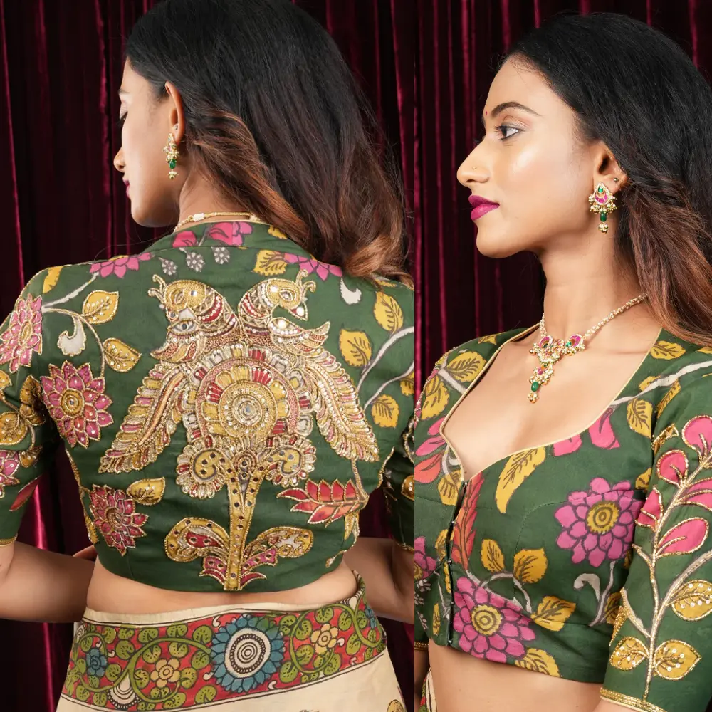 Green Assam Silk Wedding Blouse Back Design with Pen Kalamkari