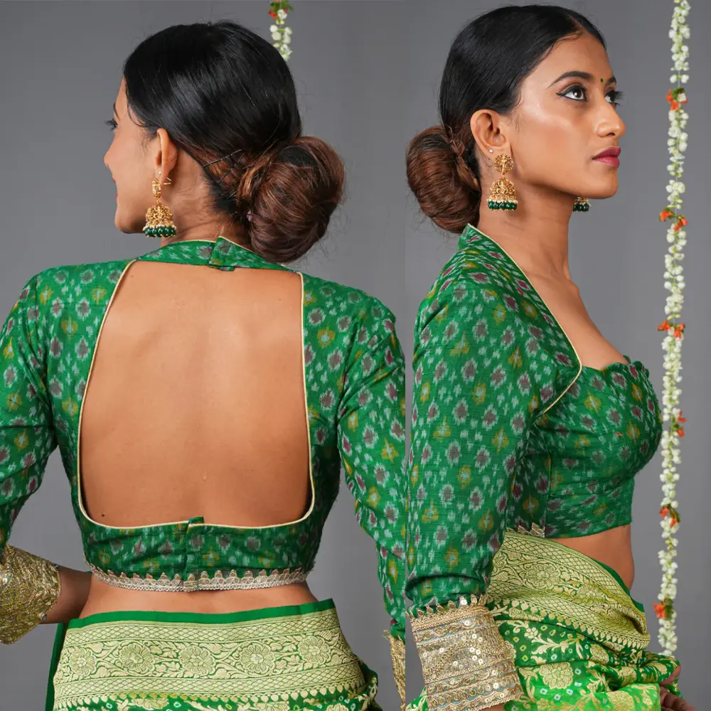 Emerald Green Ikat Wedding Blouse Back Design with Gota Patti