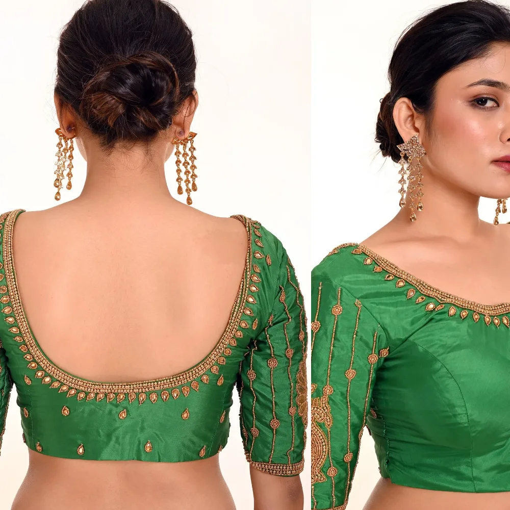 Traditional Aari Wedding Blouse Back Design in Emerald Silk