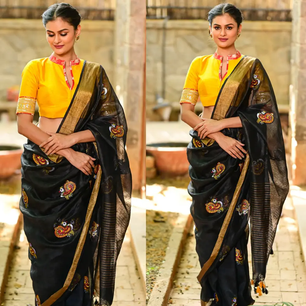 Black Linen Saree with embroidered Annapakshi