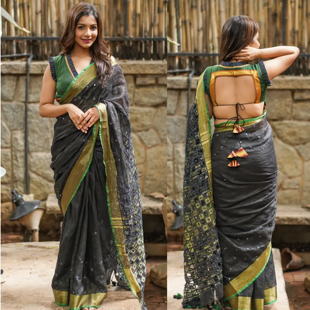 Heritage Black Linen Cutwork Saree with Green Border