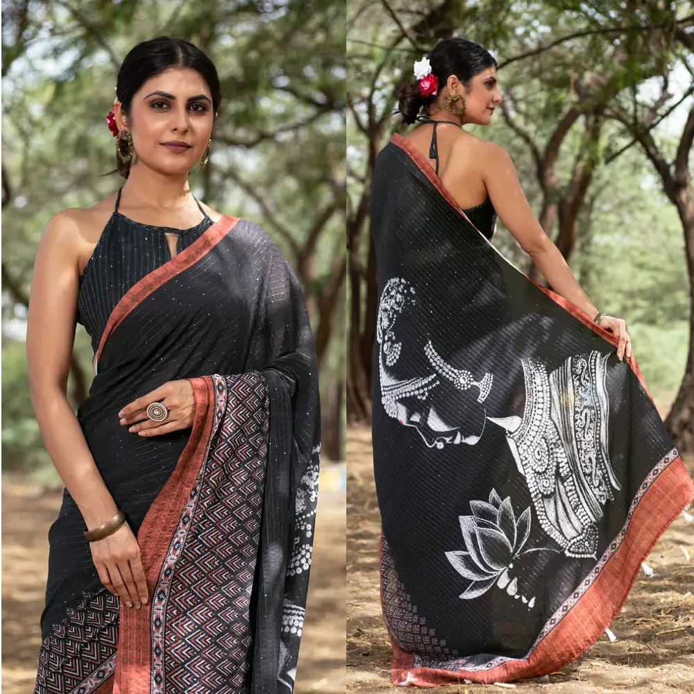 Contemporary Black-White Abstract Georgette Sequin Saree