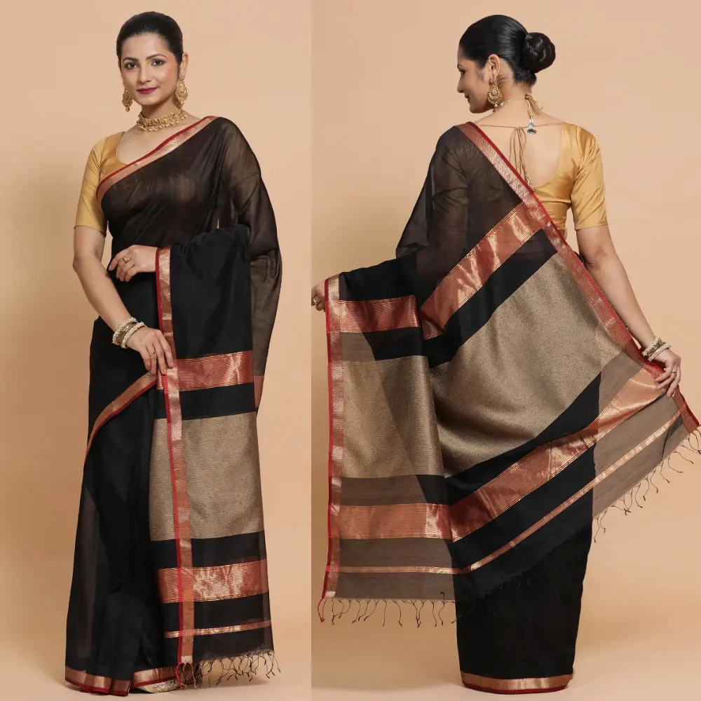 Traditional Maheshwari Black Cotton-Silk Saree