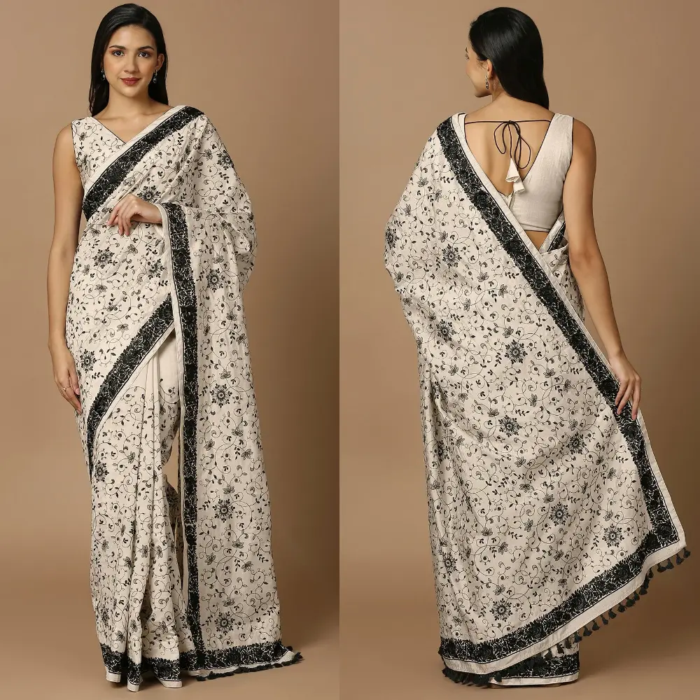 Off White & Black Embroidered Saree