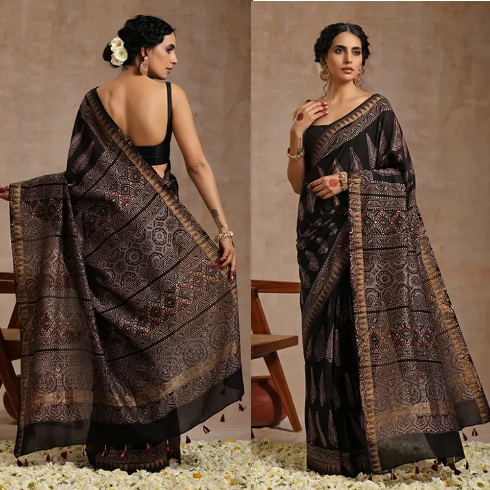 Heritage Ajrakh Black Chanderi Saree.