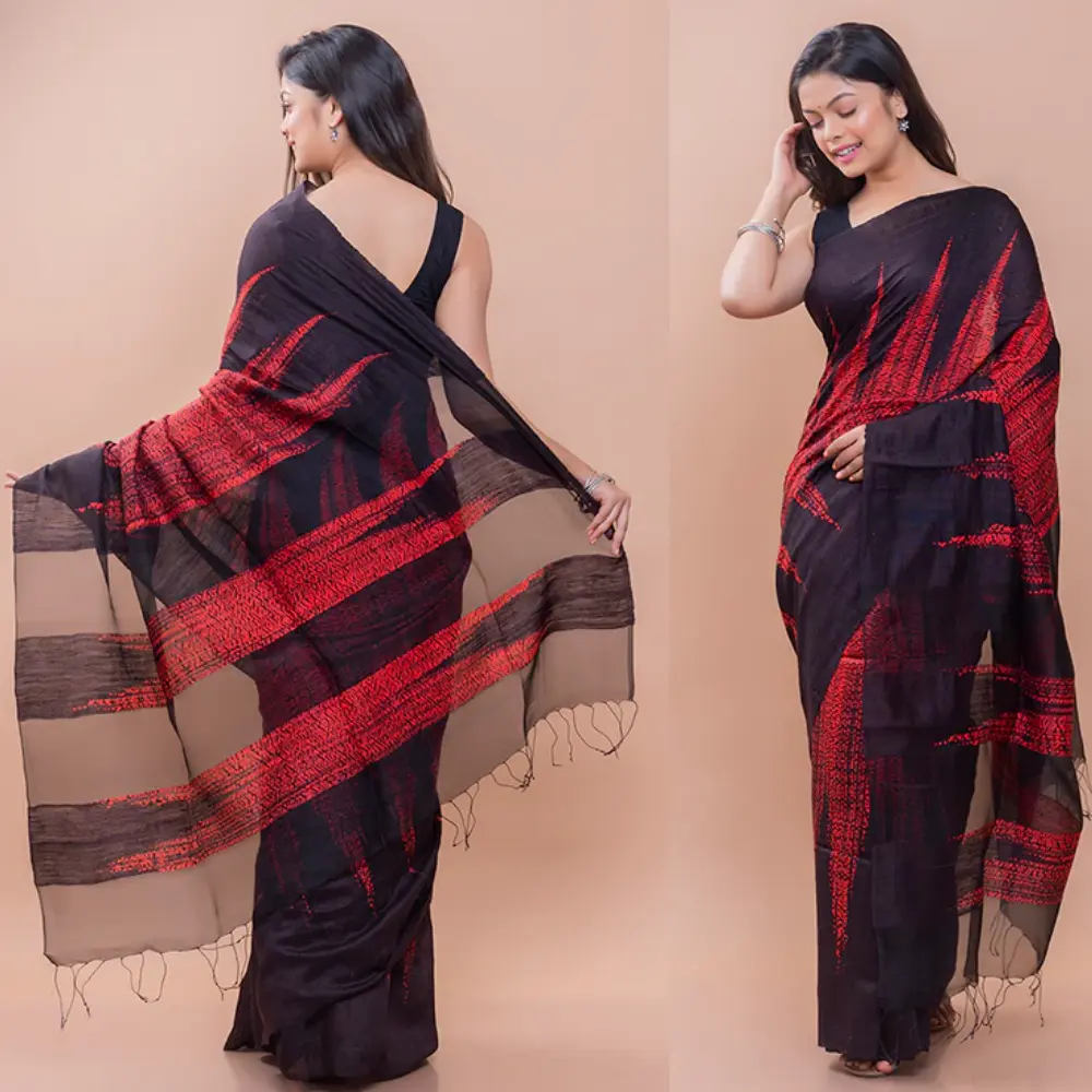 Bengal Shibori Matka Silk Black and Red Saree