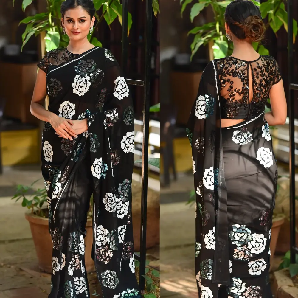 Midnight Rose Sequin Georgette Black Saree