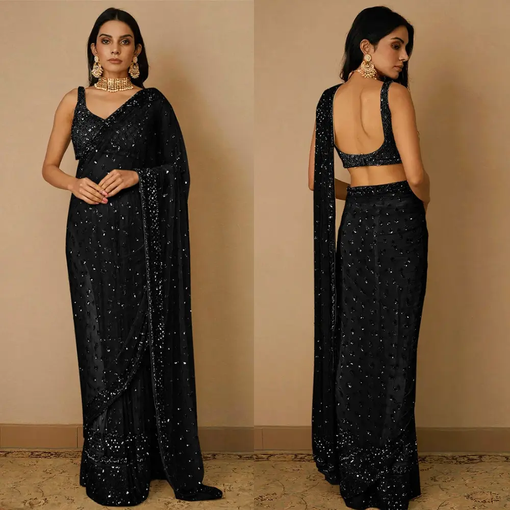 Black Net Embroidered Saree