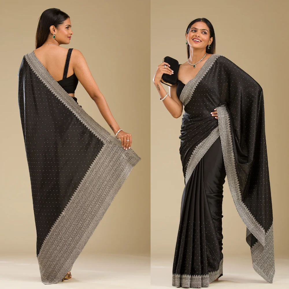 Starlit Black Satin Crystal Saree