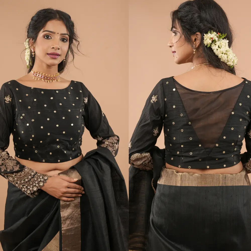 Black Raw Silk Full Sleeve Blouse with Mirror Work