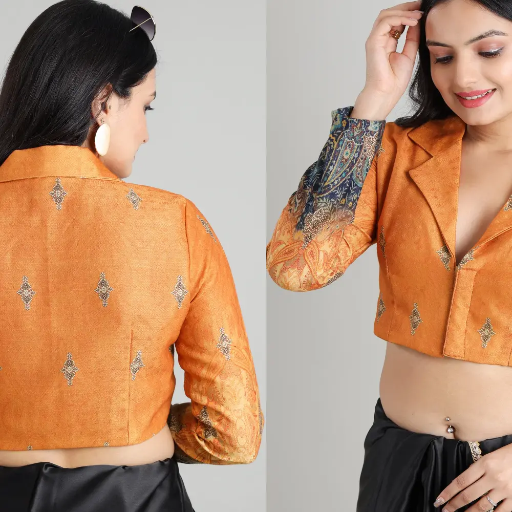 Orange Pashmina Full Sleeve Blouse with V-Neck Design