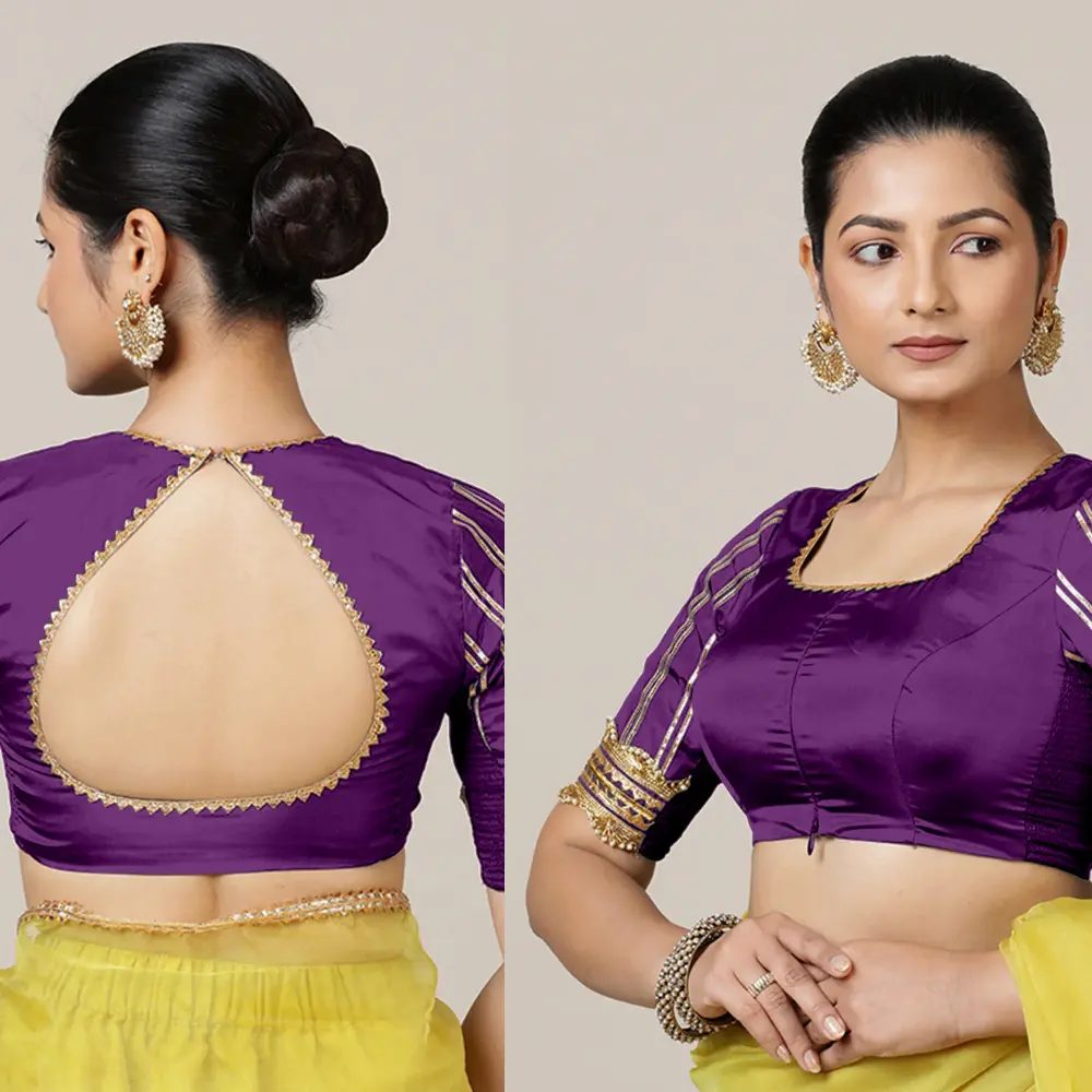 Purple Elbow Sleeve Blouse with Square Neck and Gota Work