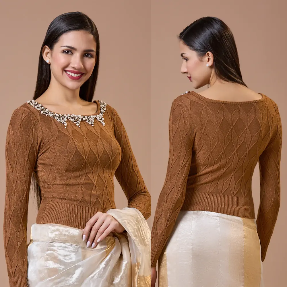 Brown Woolen Full Sleeve Blouse with Embroidered Details