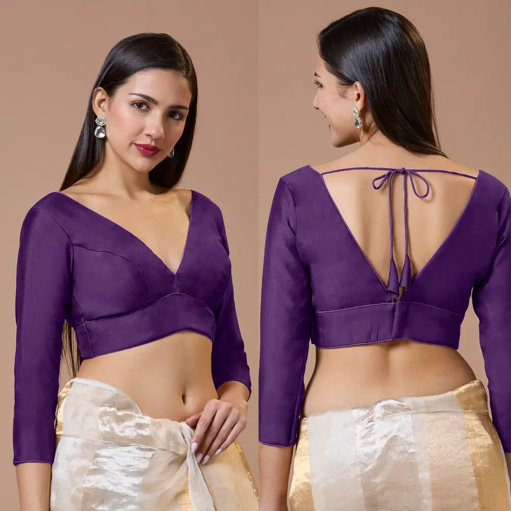 Purple Silk Deep V-Neck Full Sleeve Blouse