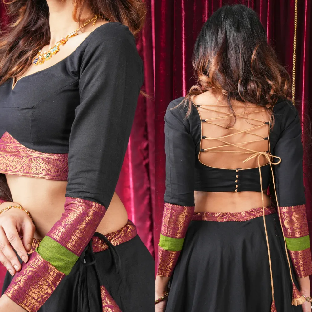 Black Kanchi Cotton Blouse with Zari Border and Sweetheart Neck