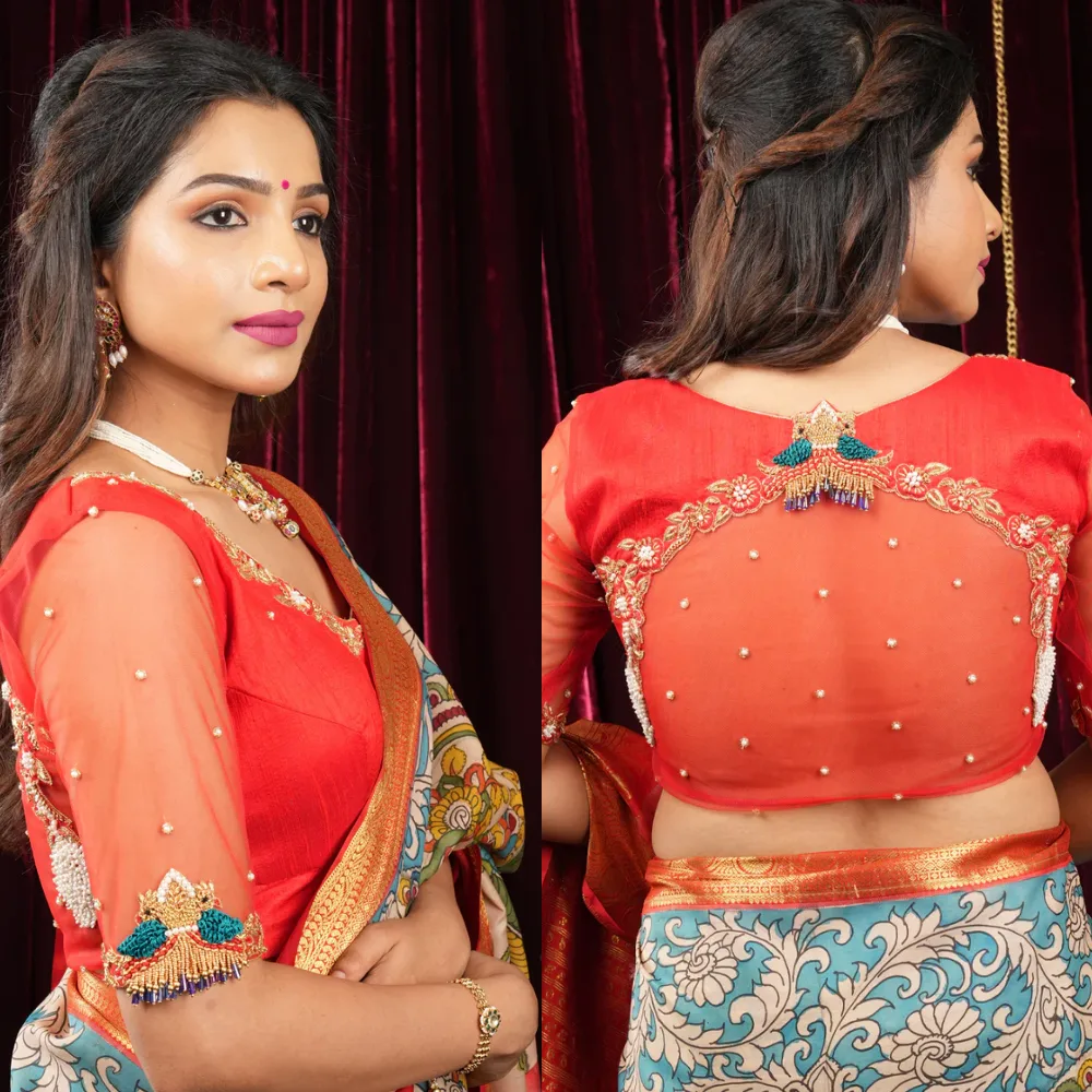 New Red Raw Silk Blouse Design with Peacock Handwork and Net Sleeves